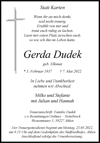 Anzeige von Gerda Dudek 