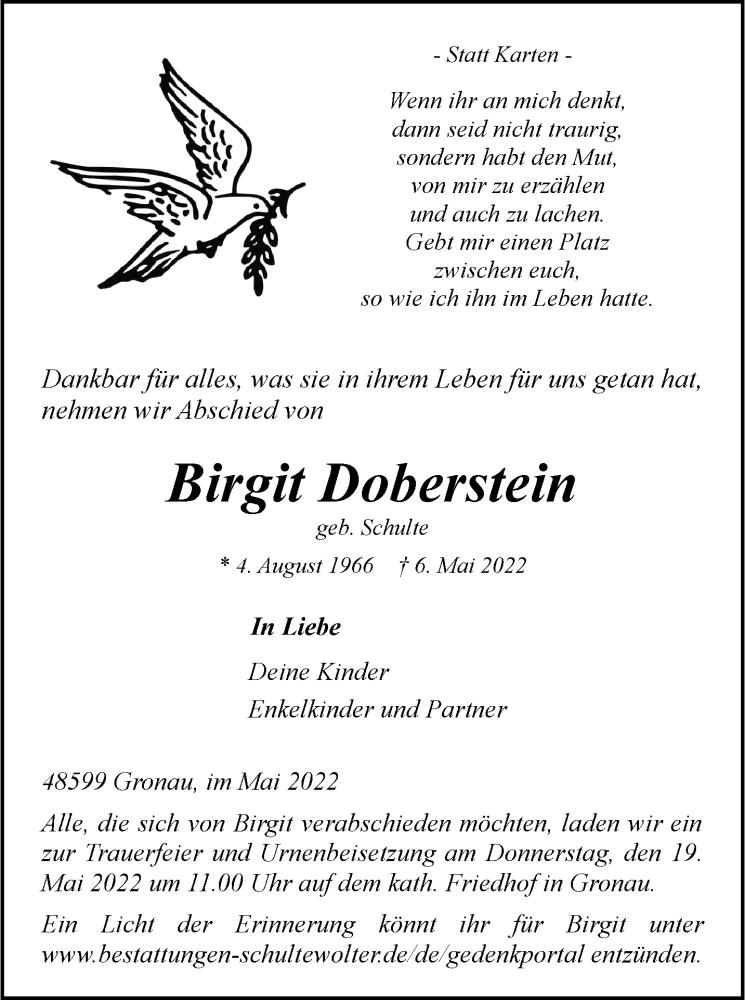  Traueranzeige für Birgit Doberstein vom 14.05.2022 aus 