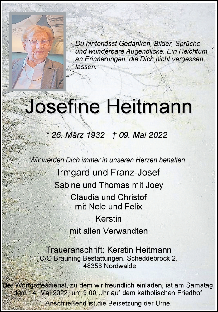  Traueranzeige für Josefine Heitmann vom 11.05.2022 aus 