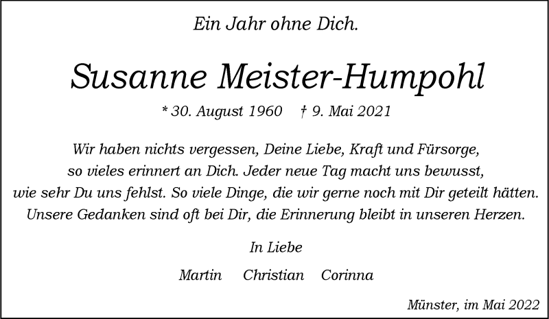  Traueranzeige für Susanne Meister-Humpohl vom 14.05.2022 aus 