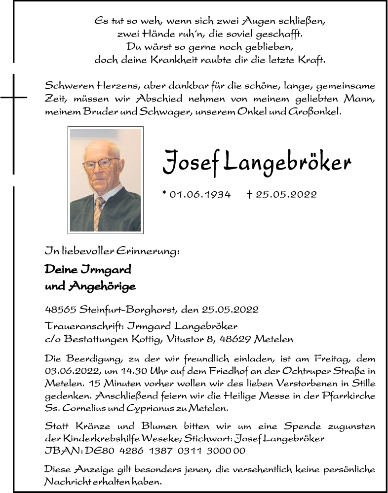  Traueranzeige für Josef Langebröker vom 31.05.2022 aus 