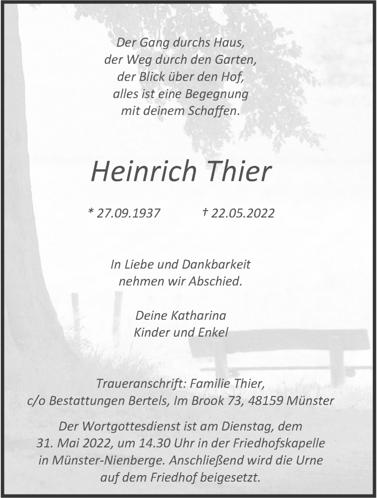  Traueranzeige für Heinrich Thier vom 28.05.2022 aus 