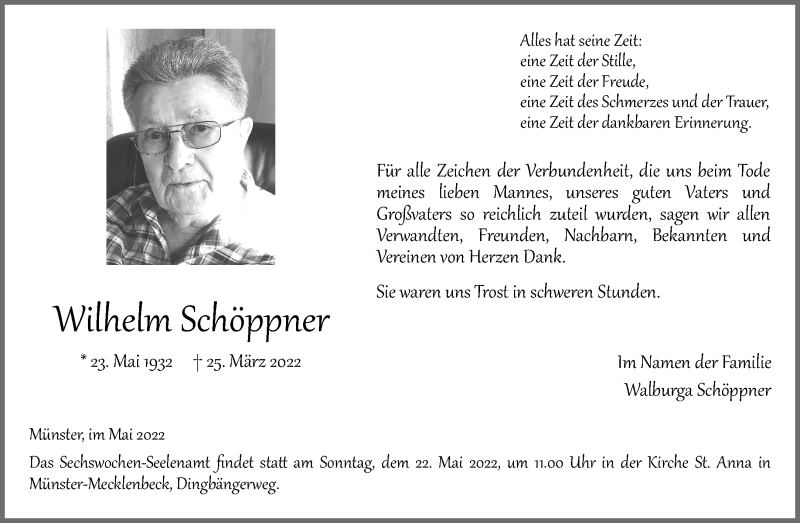  Traueranzeige für Wilhelm Schöppner vom 14.05.2022 aus 