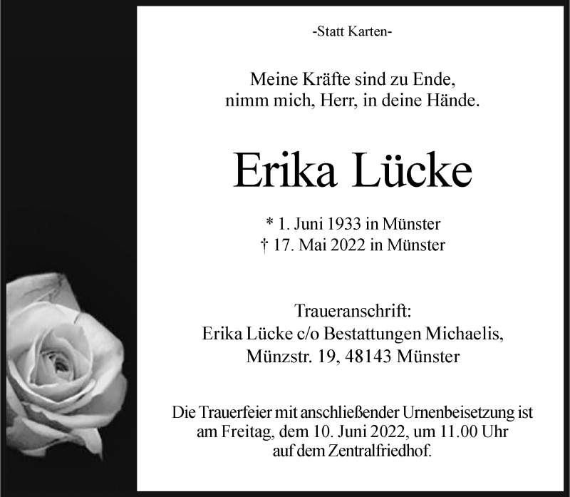  Traueranzeige für Erika Lücke vom 04.06.2022 aus 