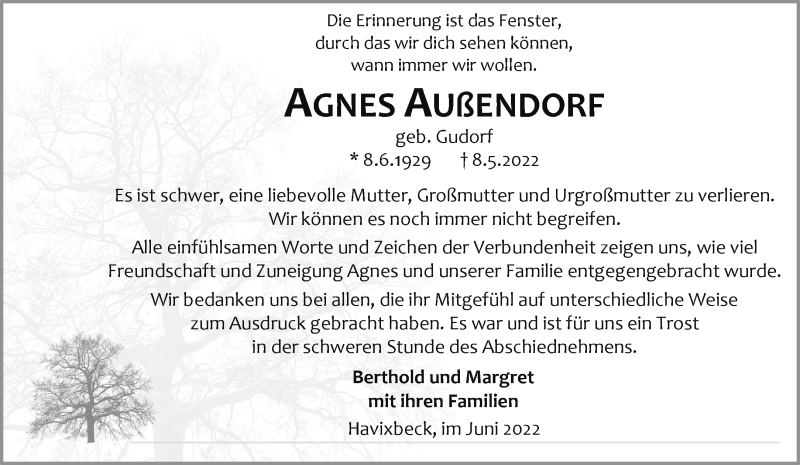  Traueranzeige für AGNES AUßENDORF vom 18.06.2022 aus 