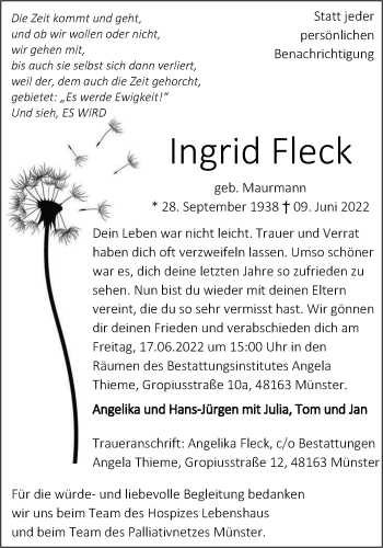 Anzeige von Ingrid Fleck 