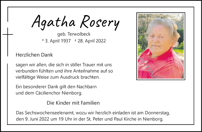 Traueranzeige für Agatha Rosery vom 04.06.2022 aus 