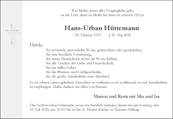 Anzeige von Hans-Urban Hüttemann 