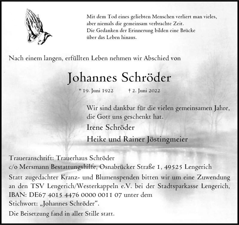  Traueranzeige für Johannes Schröder vom 25.06.2022 aus 