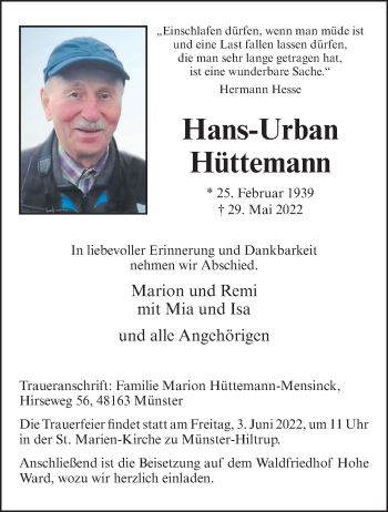 Anzeige von Hans-Urban Hüttemann 