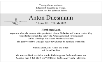 Anzeige von Anton Duesmann 
