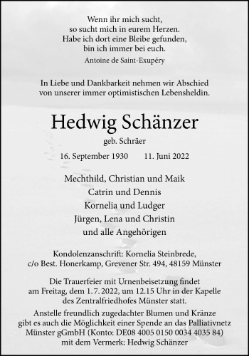 Anzeige von Hedwig Schänzer 