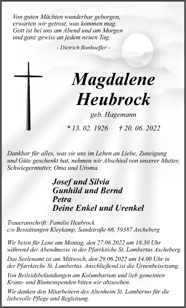  Traueranzeige für Magdalene Heubrock vom 25.06.2022 aus 