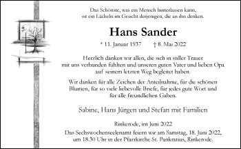 Anzeige von Hans Sander 