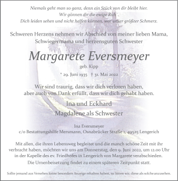Anzeige von Margarete Eversmeyer 