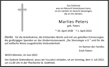 Anzeige von Marlies Peters 