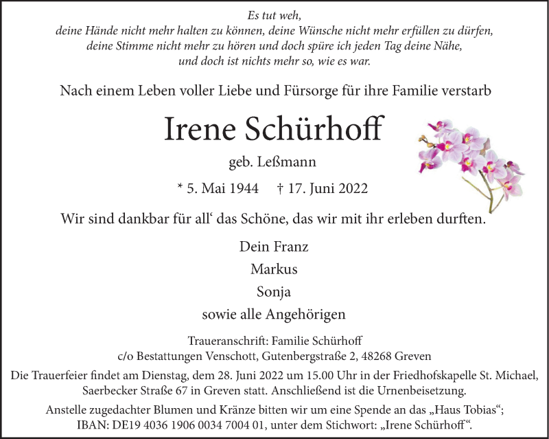  Traueranzeige für Irene Schürhoff vom 25.06.2022 aus 