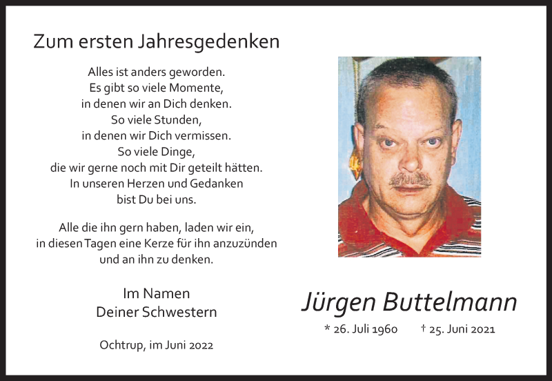  Traueranzeige für Jürgen Buttelmann vom 25.06.2022 aus 