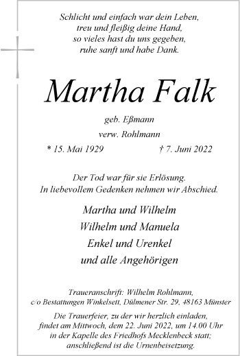 Anzeige von Martha Falk 