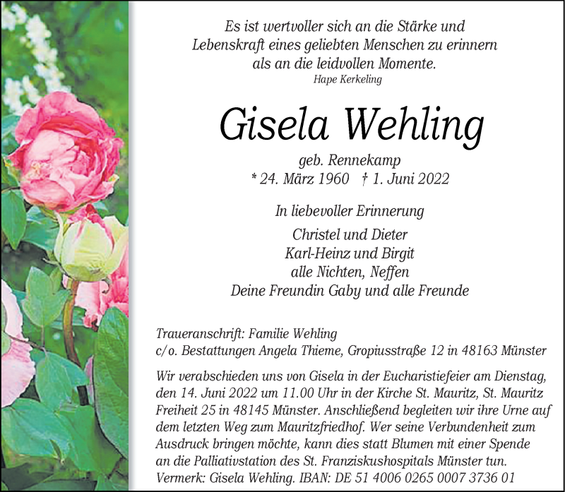  Traueranzeige für Gisela Wehning vom 08.06.2022 aus 