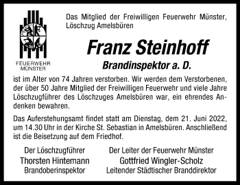 Anzeige von Franz Steinhoff 