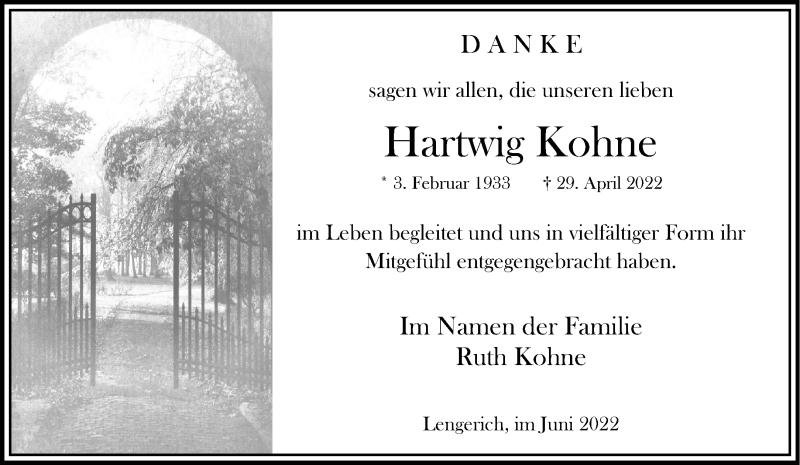  Traueranzeige für Hartwig Kohne vom 18.06.2022 aus 