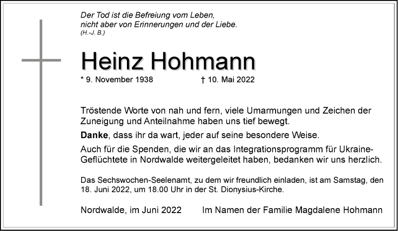  Traueranzeige für Heinz Hohmann vom 11.06.2022 aus 