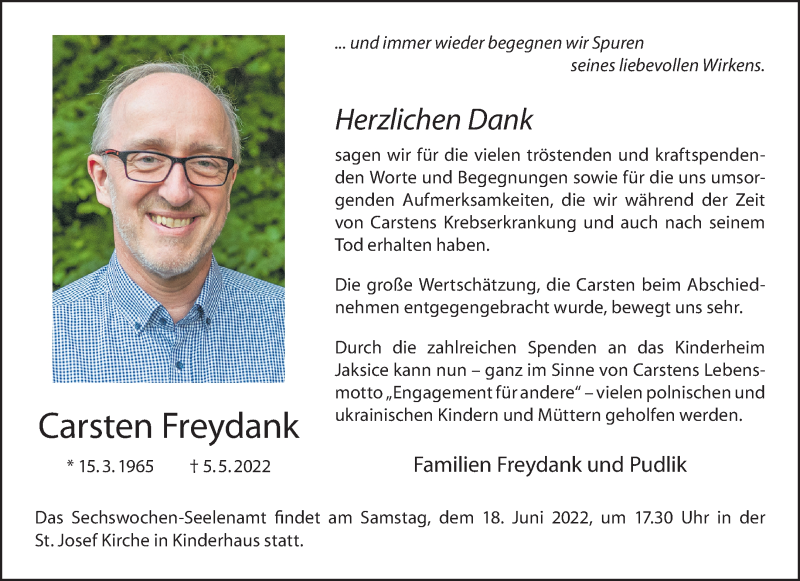  Traueranzeige für Carsten Freydank vom 15.06.2022 aus 