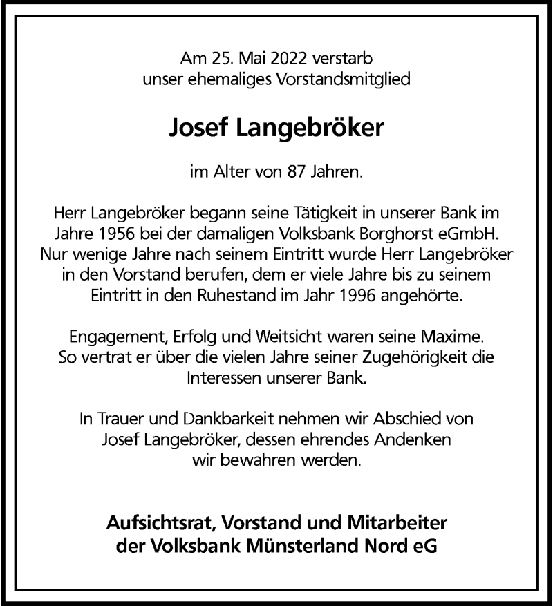  Traueranzeige für Josef Langebröker vom 03.06.2022 aus 