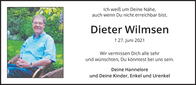  Traueranzeige für Dieter Wilmsen vom 25.06.2022 aus 