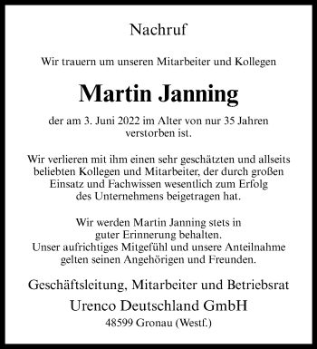 Anzeige von Martin Janning 