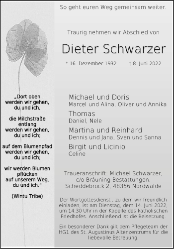 Anzeige von Dieter Schwarzer 