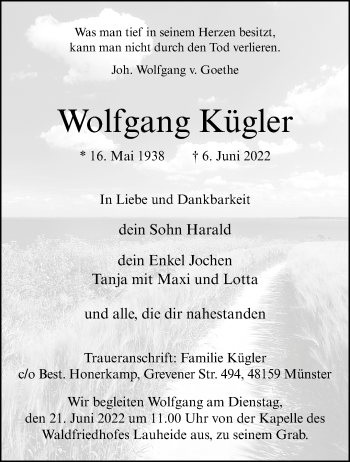 Anzeige von Wolfgang Kügler 