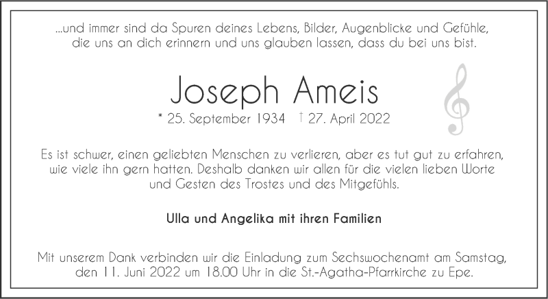  Traueranzeige für Joseph Ameis vom 08.06.2022 aus 