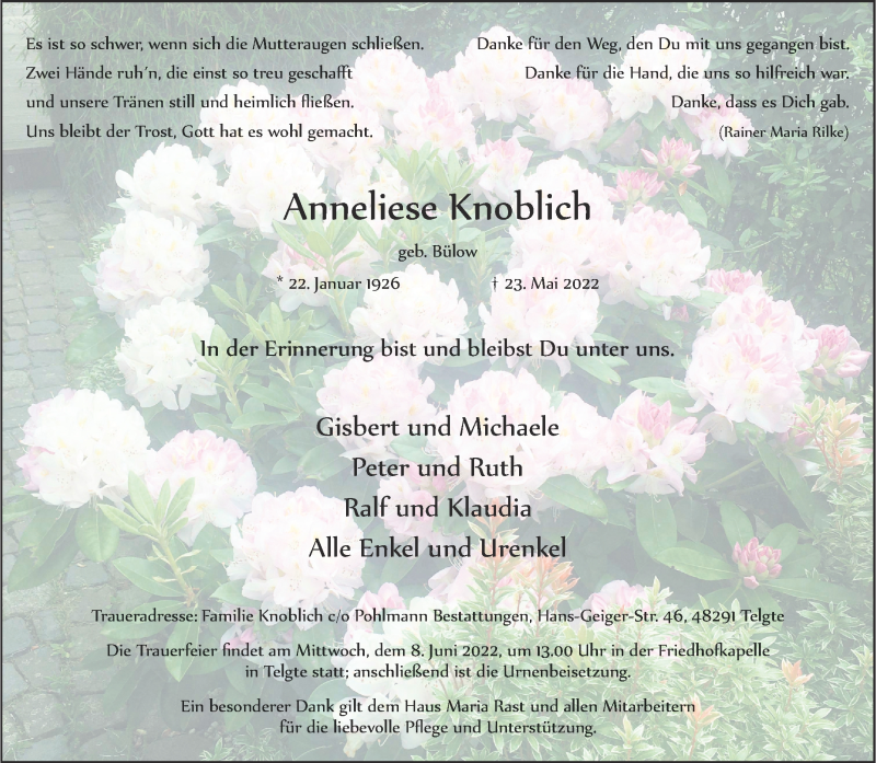  Traueranzeige für Anneliese Knoblich vom 04.06.2022 aus 
