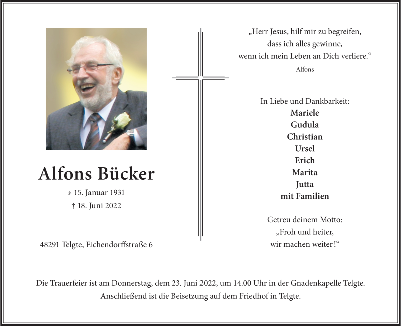  Traueranzeige für Alfons Bücker vom 22.06.2022 aus 