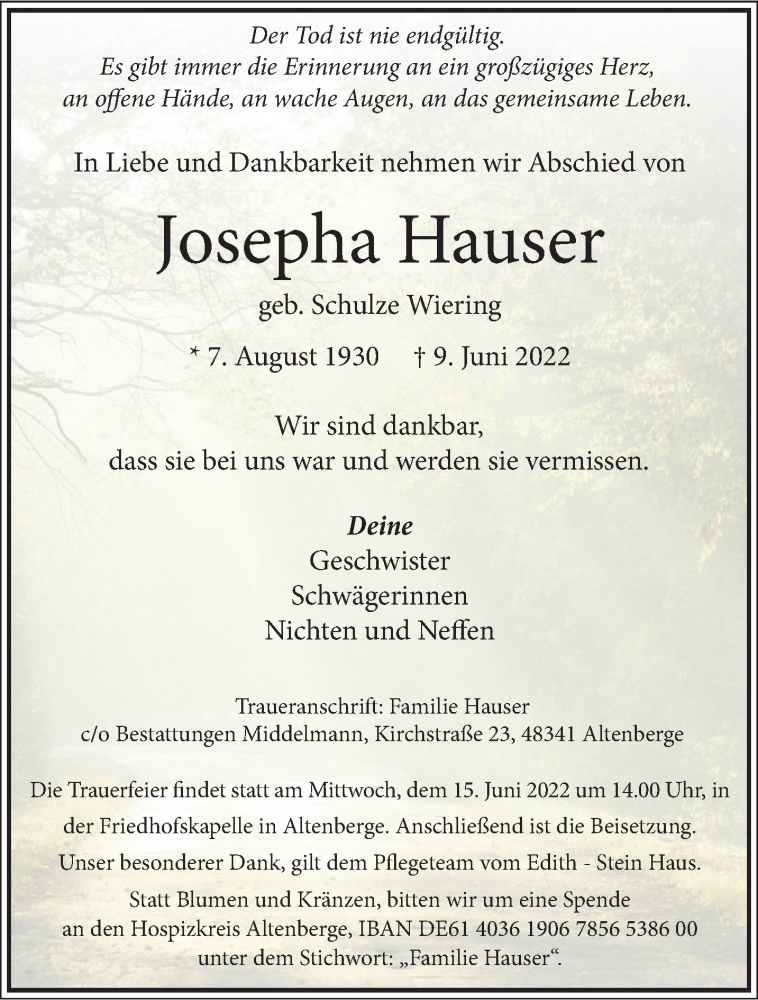  Traueranzeige für Josepha Hauser vom 13.06.2022 aus 