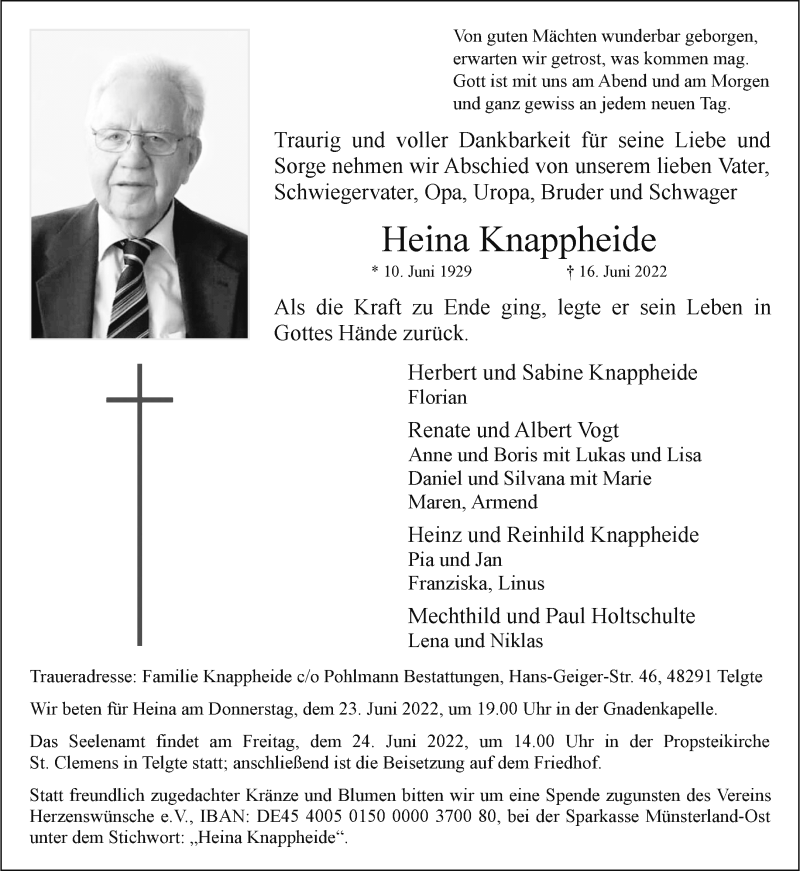  Traueranzeige für Heina Knappheide vom 22.06.2022 aus 