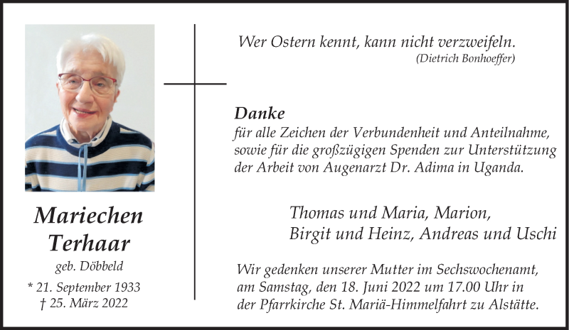  Traueranzeige für Mariechen Terhaar vom 14.06.2022 aus 