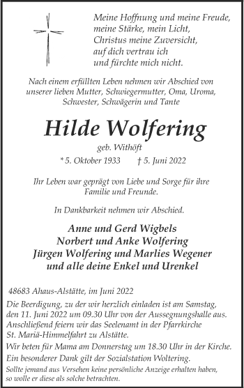 Anzeige von Hilde Wolfering 