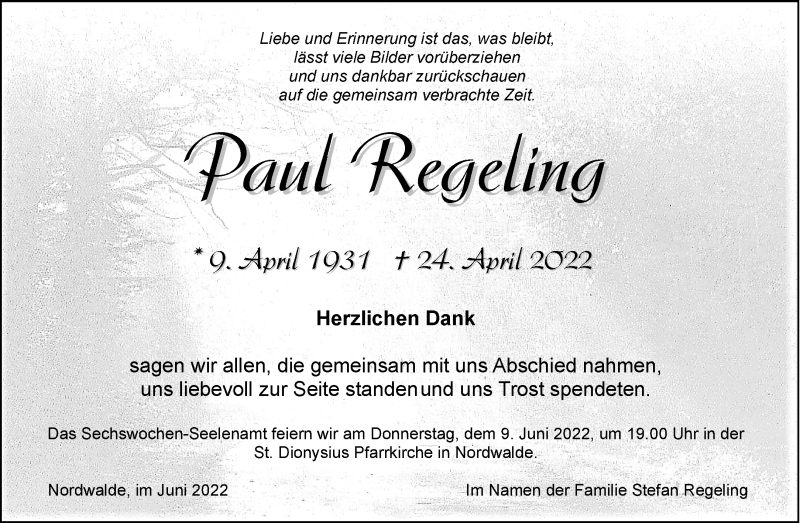  Traueranzeige für Paul Regeling vom 04.06.2022 aus 