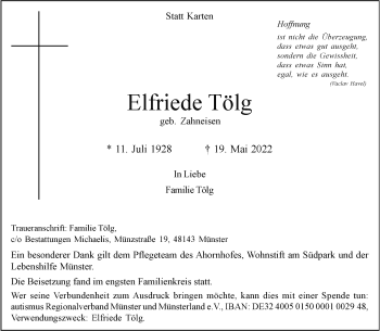 Anzeige von Elfriede Tölg 