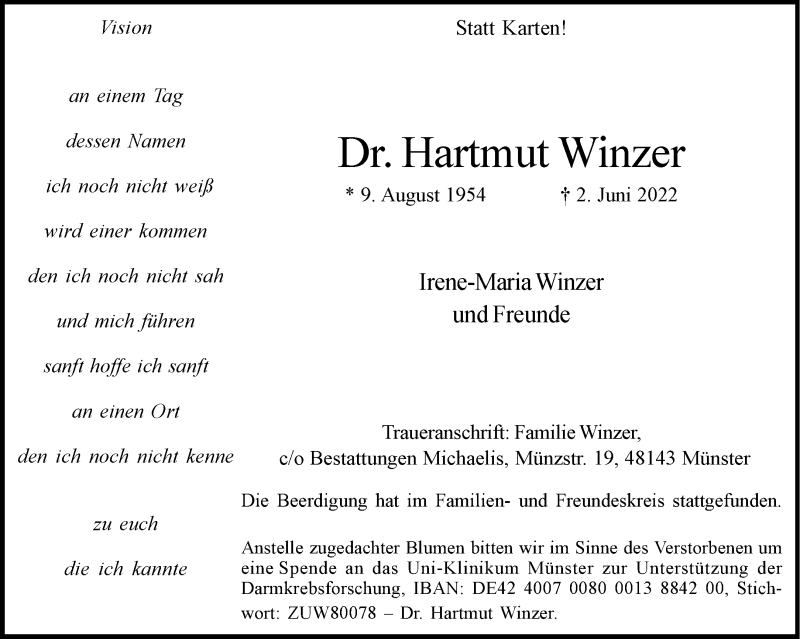  Traueranzeige für Hartmut Winzer vom 11.06.2022 aus 