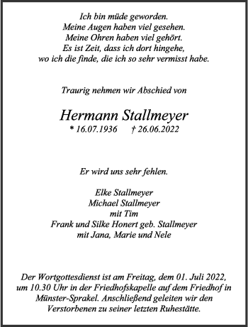 Anzeige von Hermann Stallmeyer 