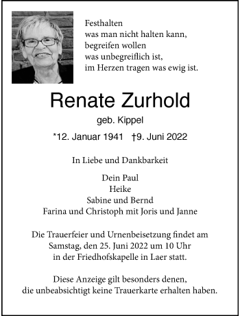 Anzeige von Renate Zurhold 
