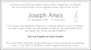 Anzeige von Joseph Ameis 
