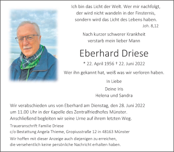 Anzeige von Eberhard Driese 