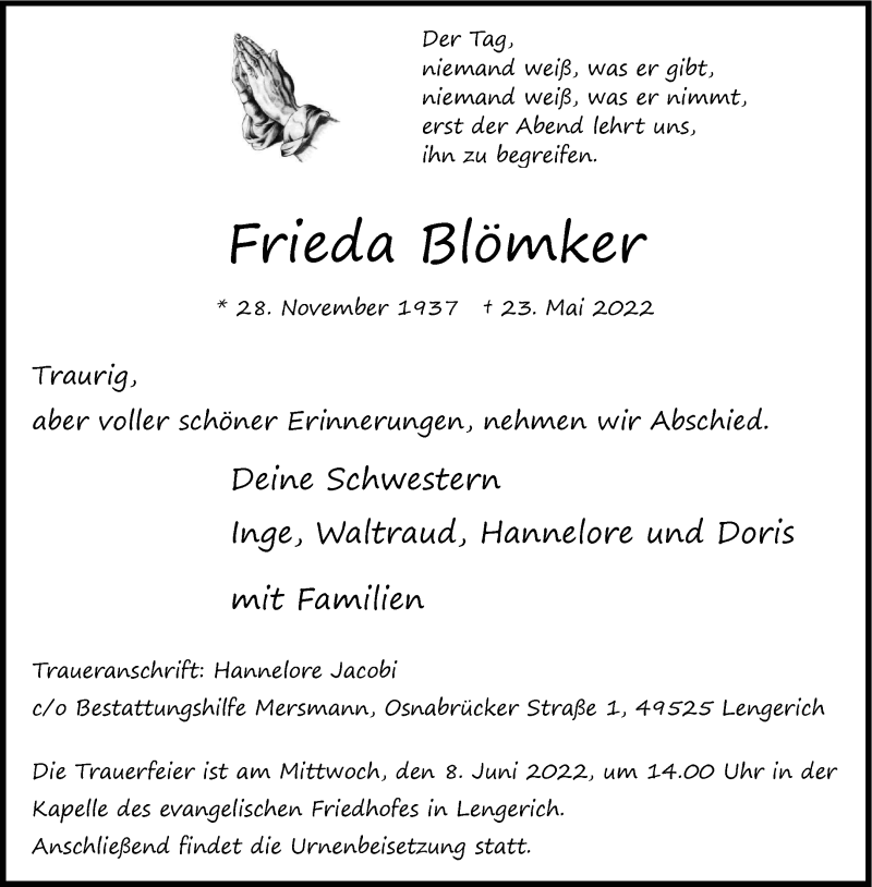  Traueranzeige für Frieda Blömker vom 04.06.2022 aus 