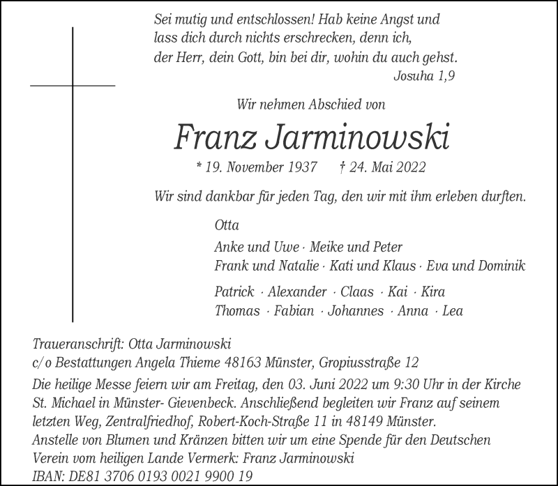  Traueranzeige für Franz Jarminowski vom 01.06.2022 aus 