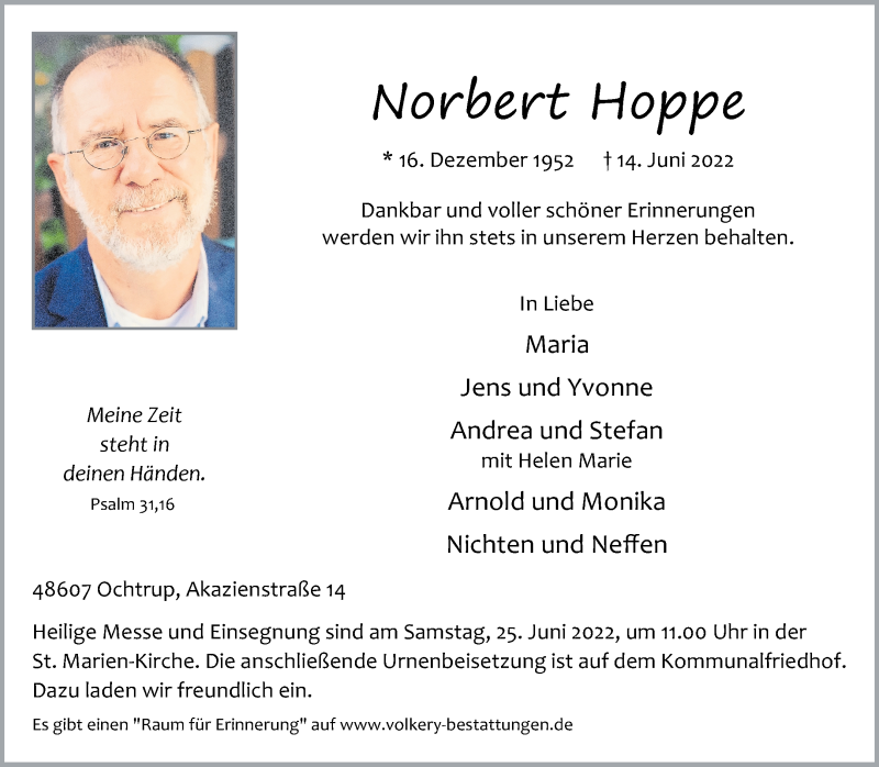  Traueranzeige für Norbert Hoppe vom 18.06.2022 aus 